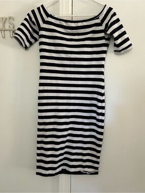 SHEIN Black and White Striped Off-Shoulder Bodycon Dress.  Spandex, good